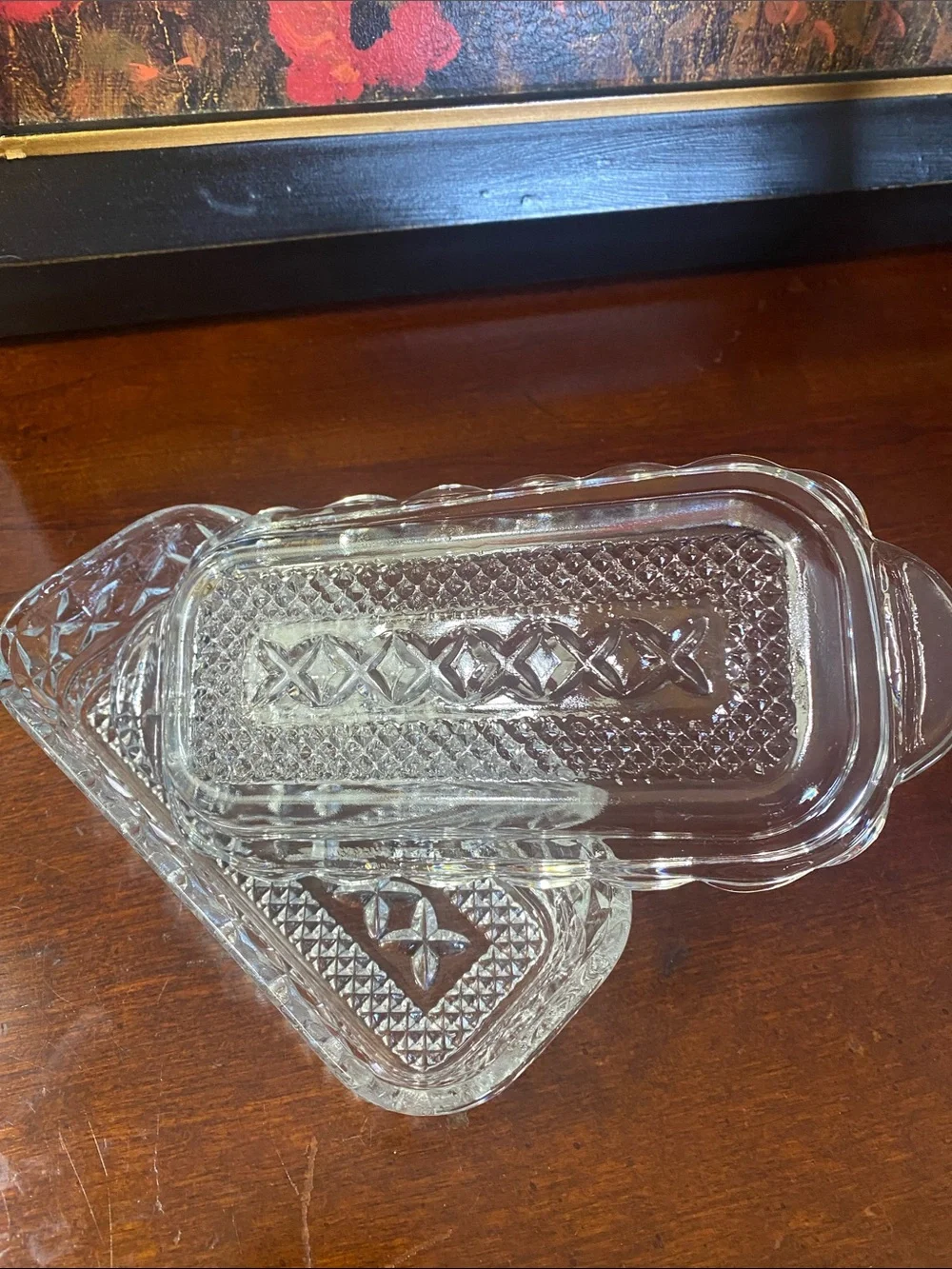 Vintage Anchor Hocking Glass Butter Dish Featuring a Pressed Diamond Cut Design